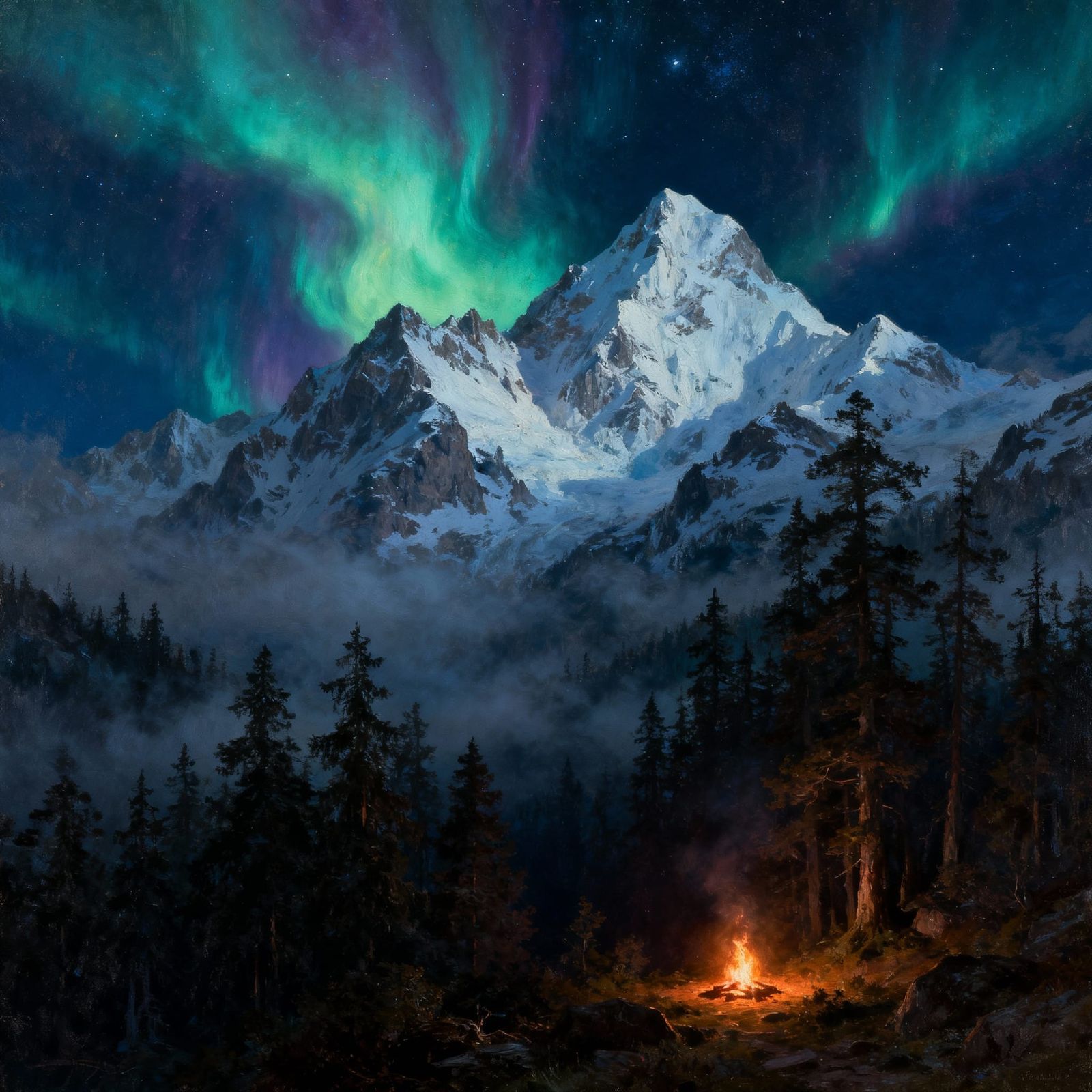 Dreamscape Peaks and Aurora Above Misty Forest Night