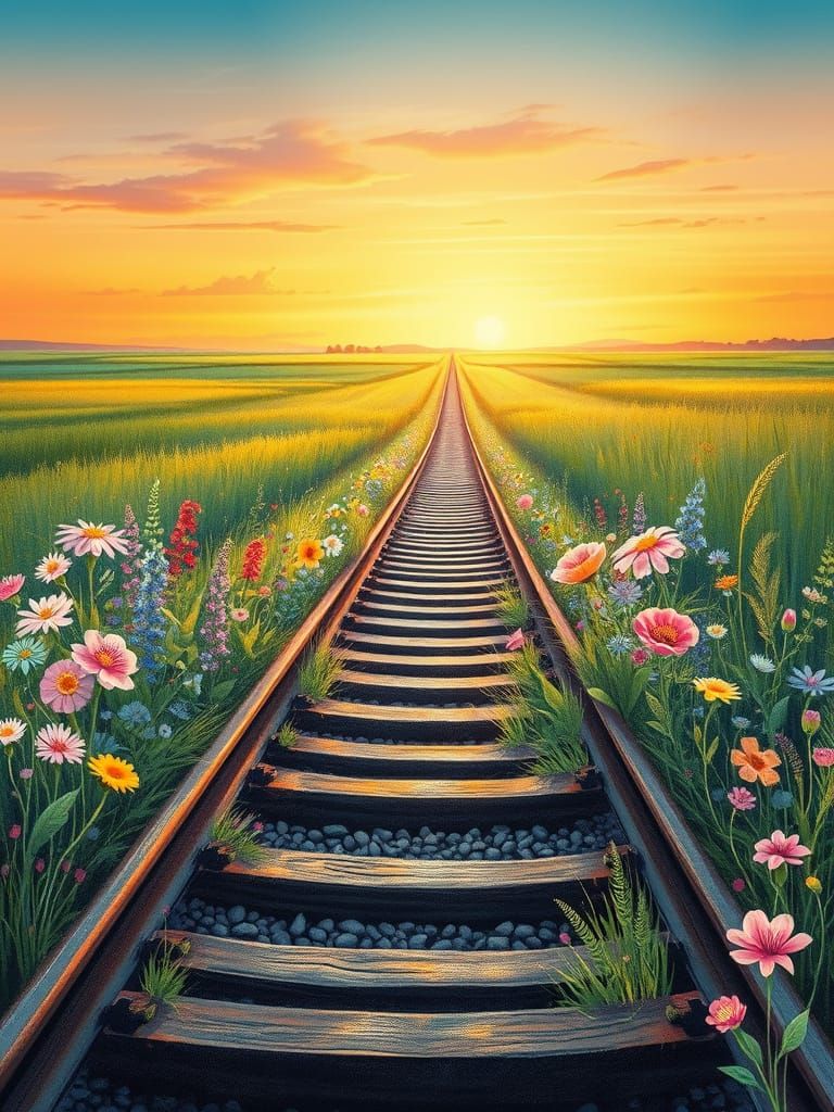 Whimsical Railroad Scene in Pastel Chalk Art