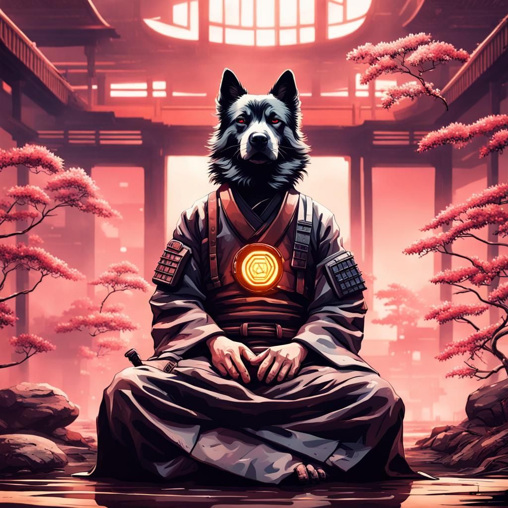 Cyberpunk Samurai Meditating in Zen Garden, Ukiyo-e Style