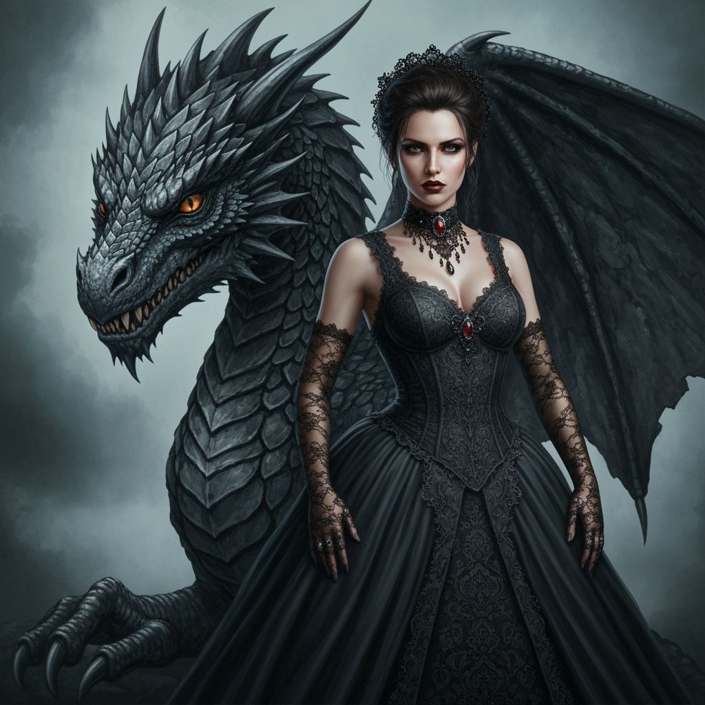 Gothic Woman and Dragon by Jean Baptiste Monge Style Painter