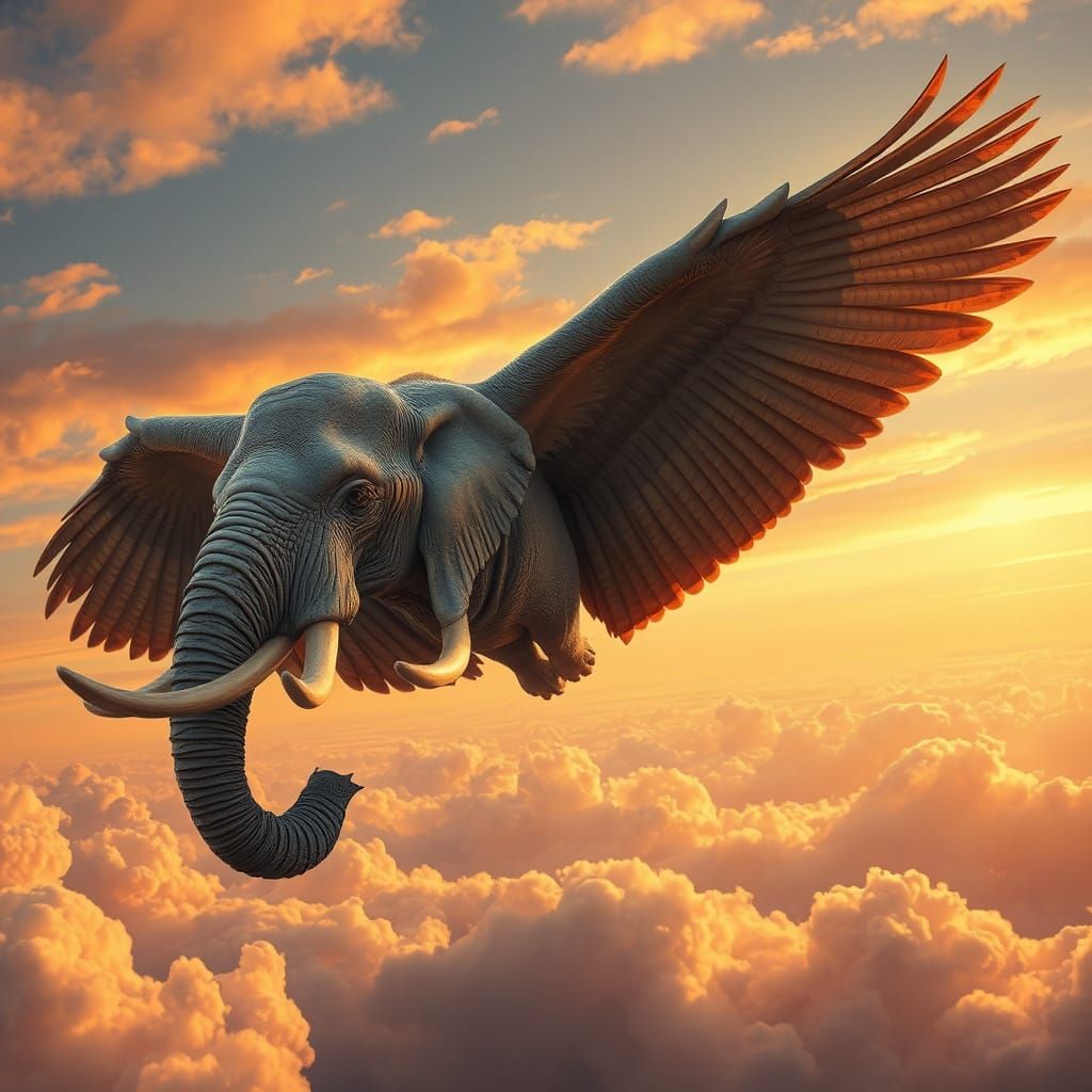 Ethereal Elephant Ascends into Sunset Skies