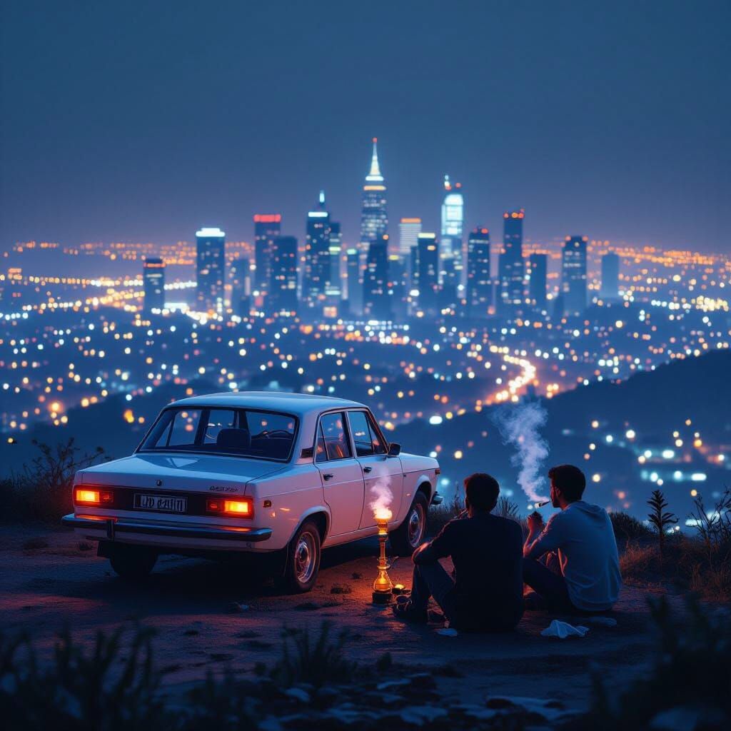 Elevated View of Lada Car by Glowing City at Night