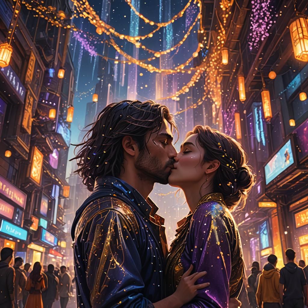 Celestial Kiss in Fantasy Cityscape: Fantasy Concept Art