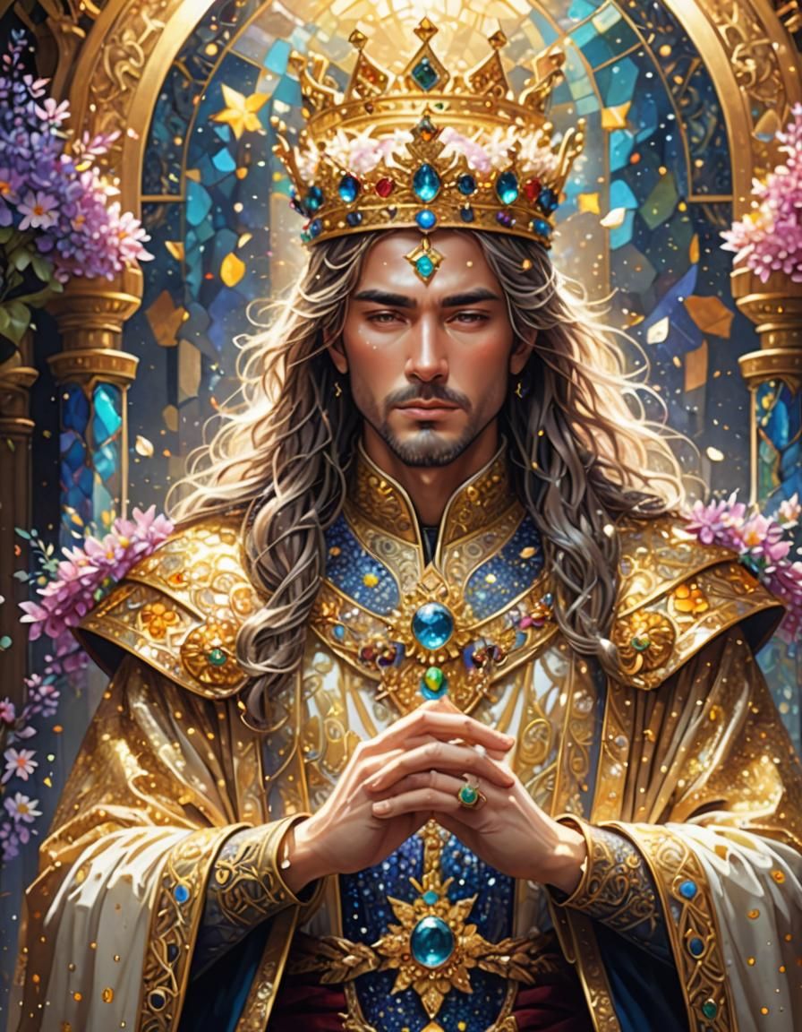 Legendary King in Pointillism Style with Gemstones