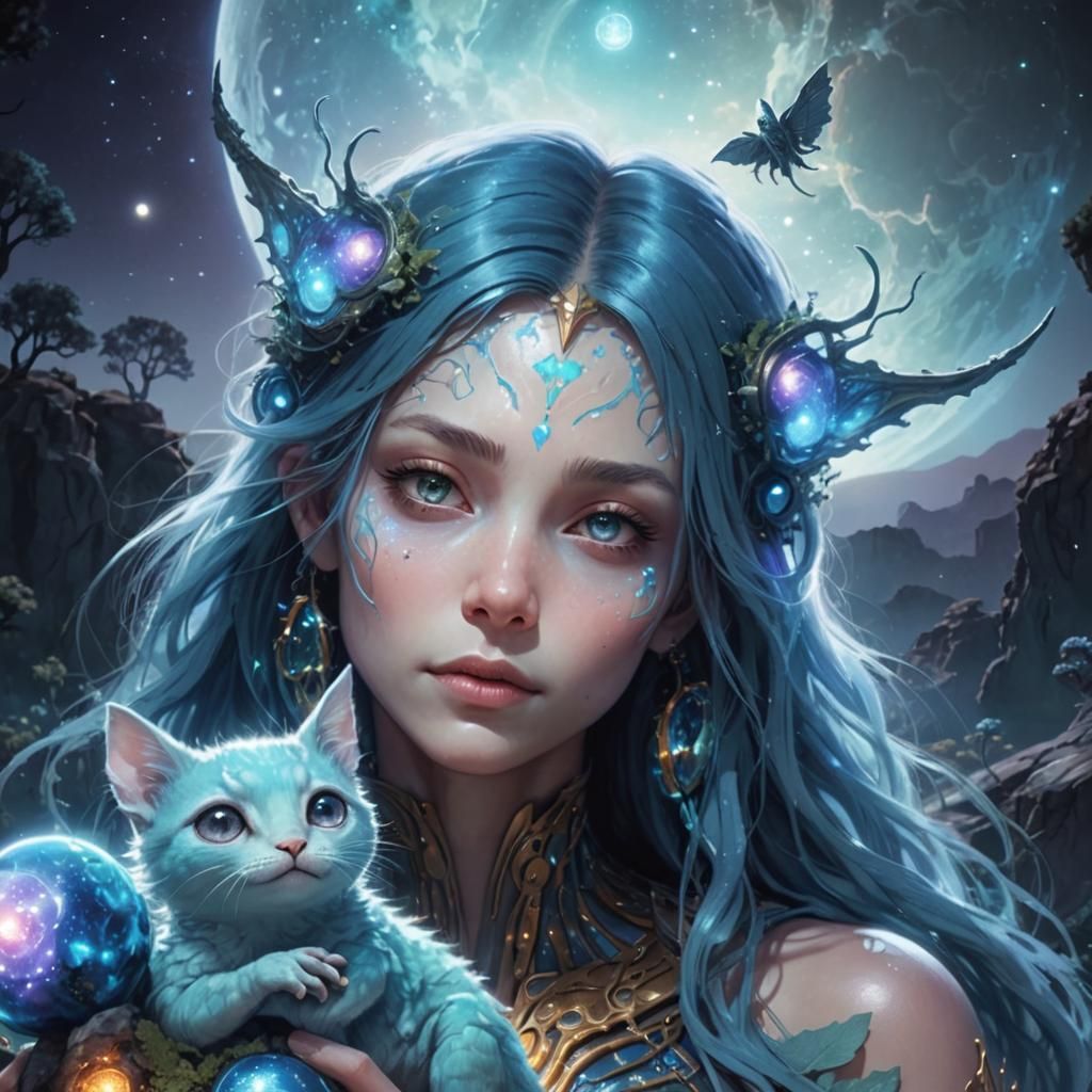 Alien Girl on Ringed Planet in Pablo Amaringo Style