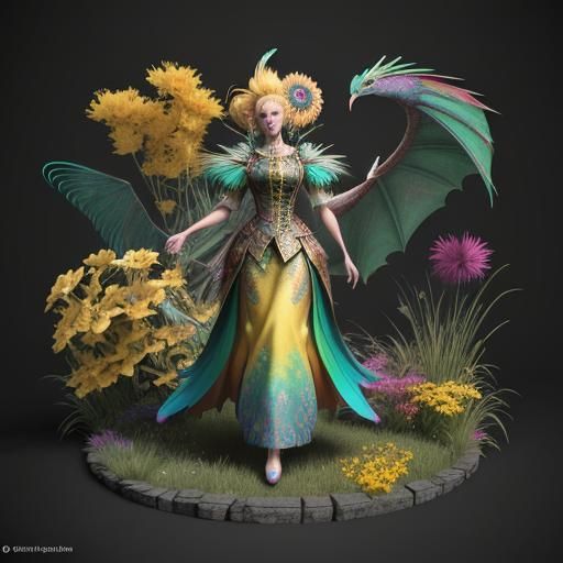 Vibrant Woman with Feathers as Surreal 3D Art