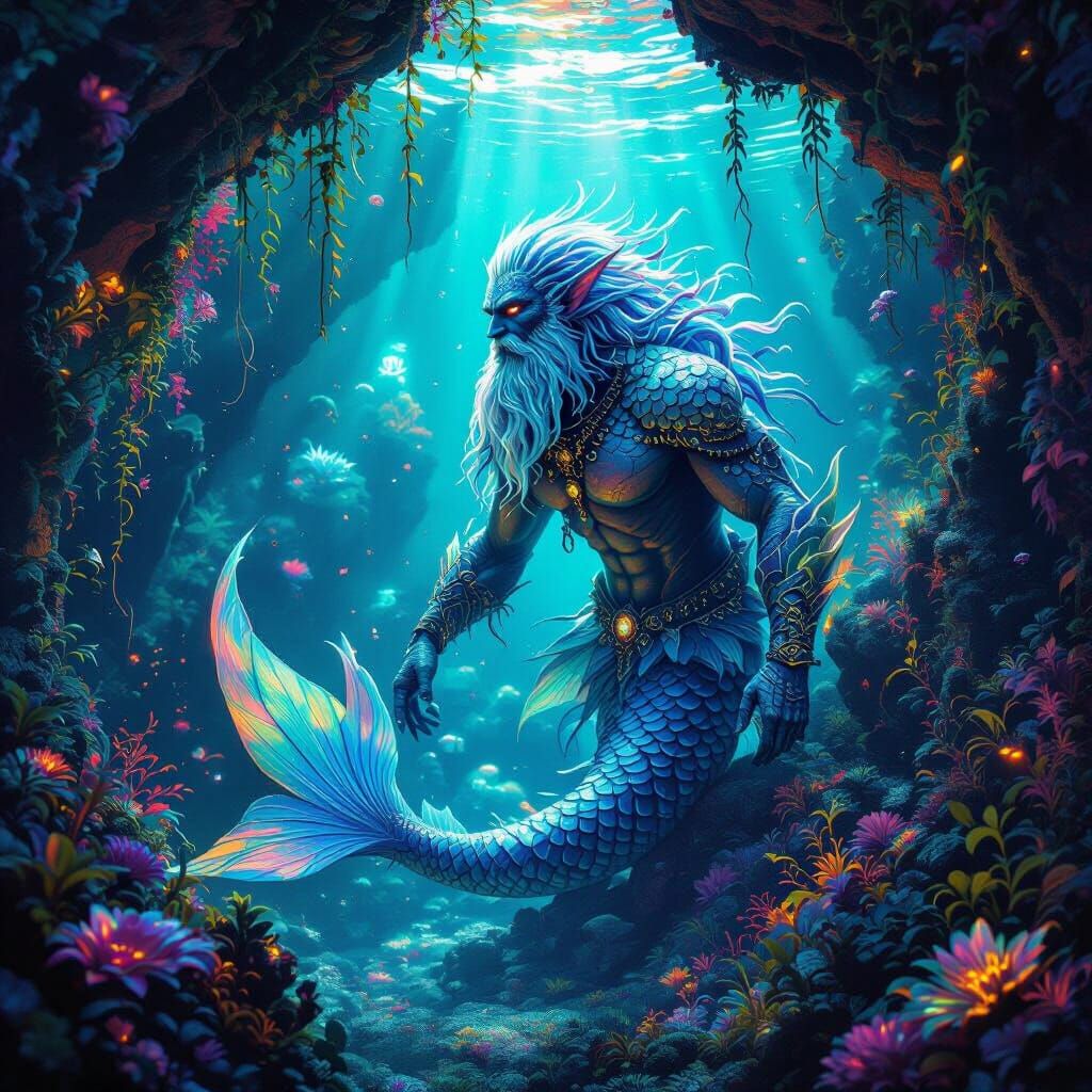 Surreal Techno-Color Merman in Bioluminescent Grotto