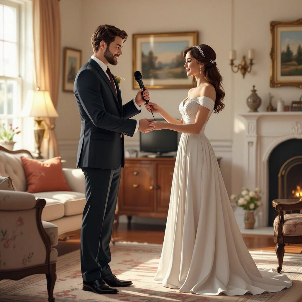 Man Gives Microphone to Wife in Cozy Living Room