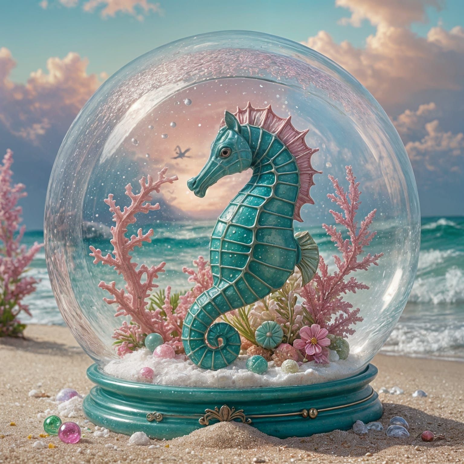 Seahorse Snow Globe on Beach in Fantasy Art Style