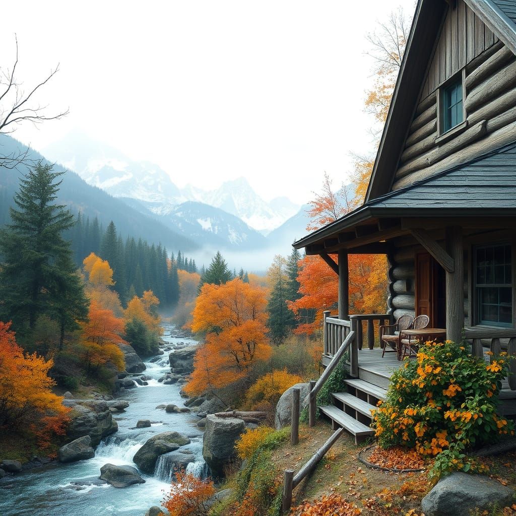 Rustic Cabin in Misty Autumn Landscape