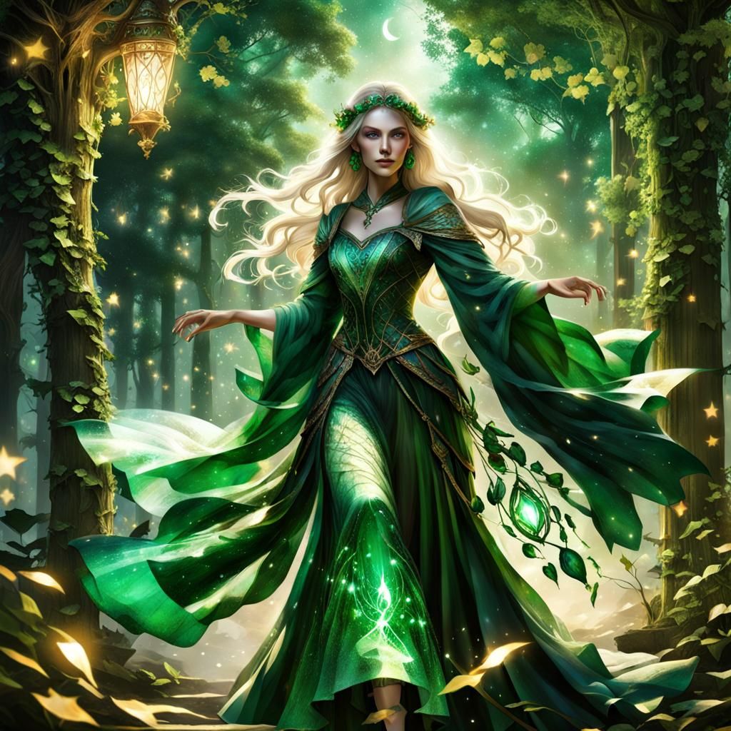 Mystical Wanderer with Emerald Eyes in Starry Realm