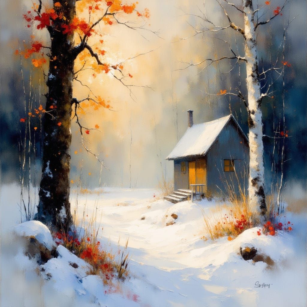 Winter Country Landscape with Snowy Forest and Small House i...