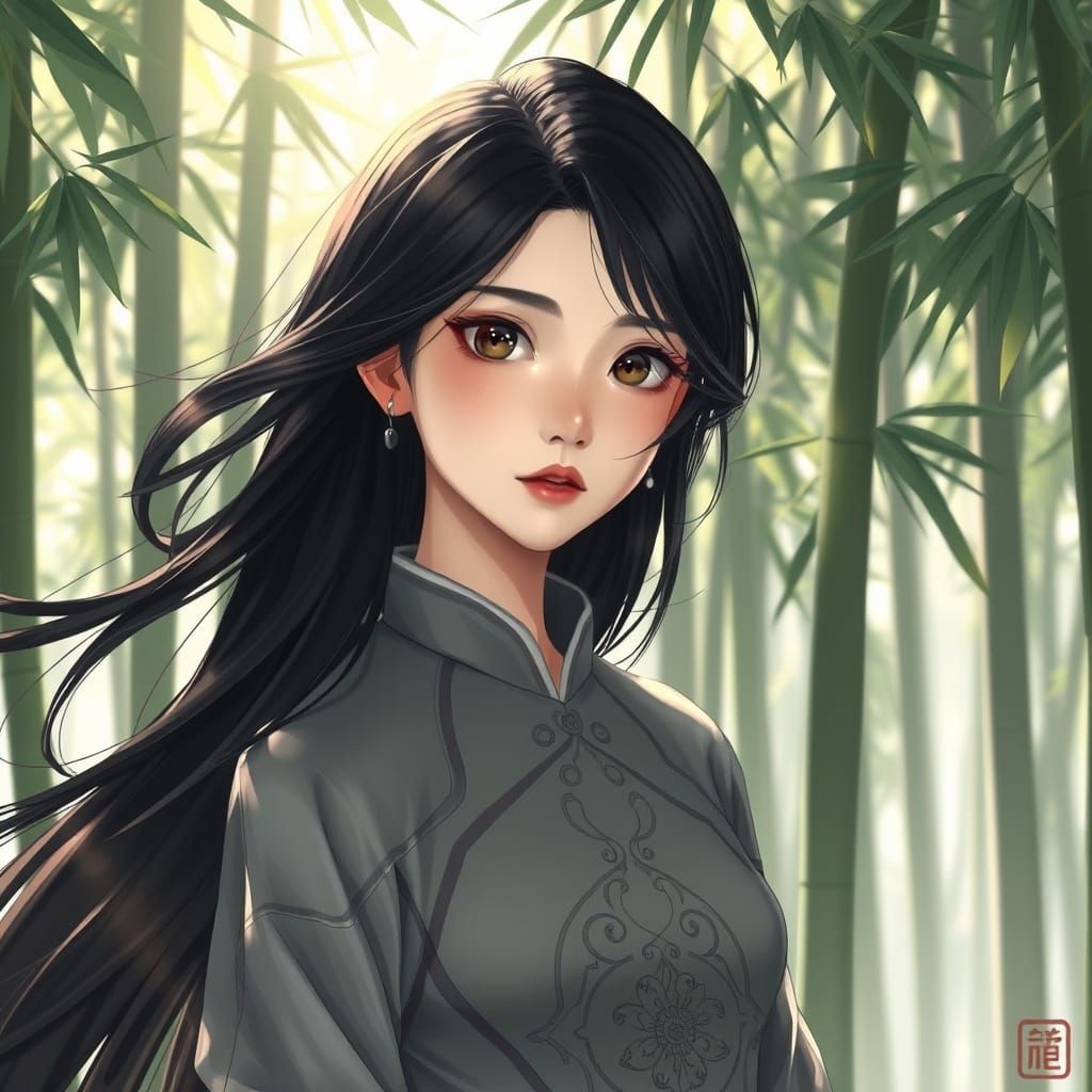 Futuristic Qipao in Bamboo Forest: 3D Anime Art
