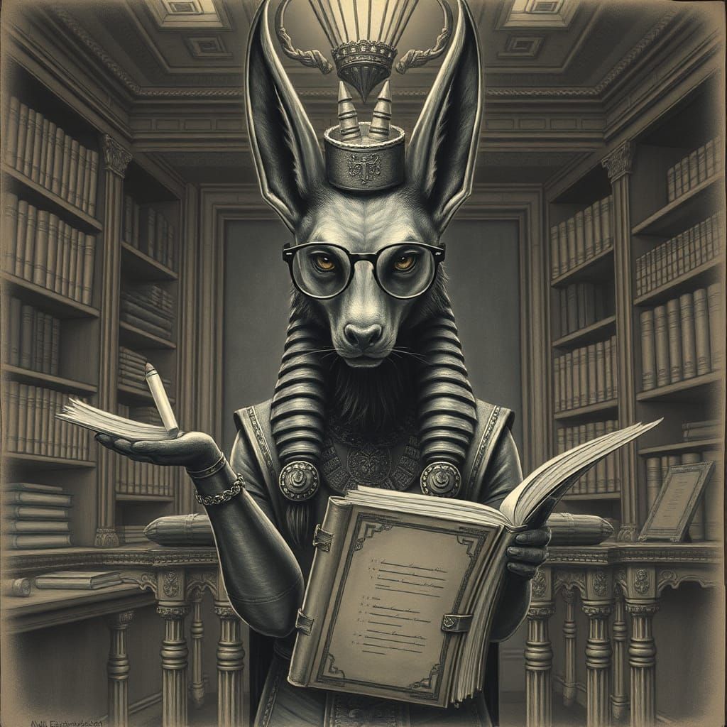 Anubis Teaches Hieroglyphics: Detailed Charcoal Drawing