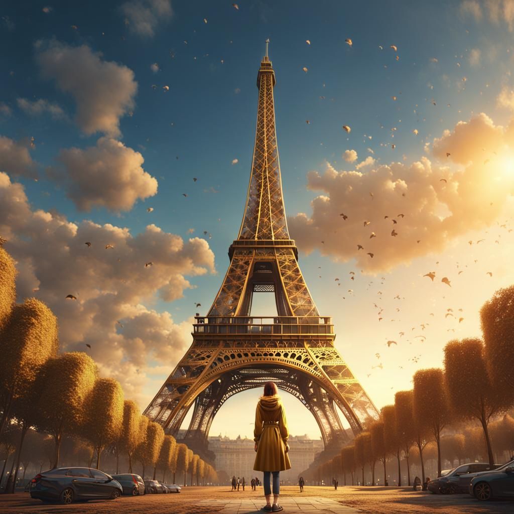 Girl Gazing at Golden Eiffel Tower in Paris
