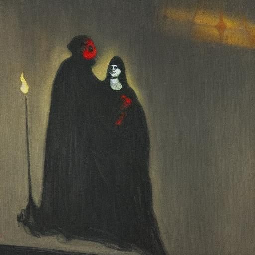 Ominous Figure in Castle: Dark Expressionist Painting