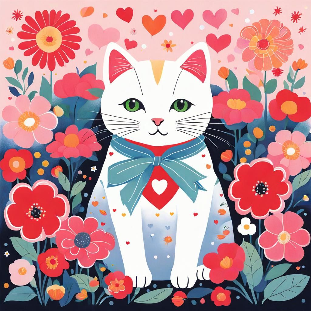 Cute Cat Surrounded by Flowers in Micro-Pop Art