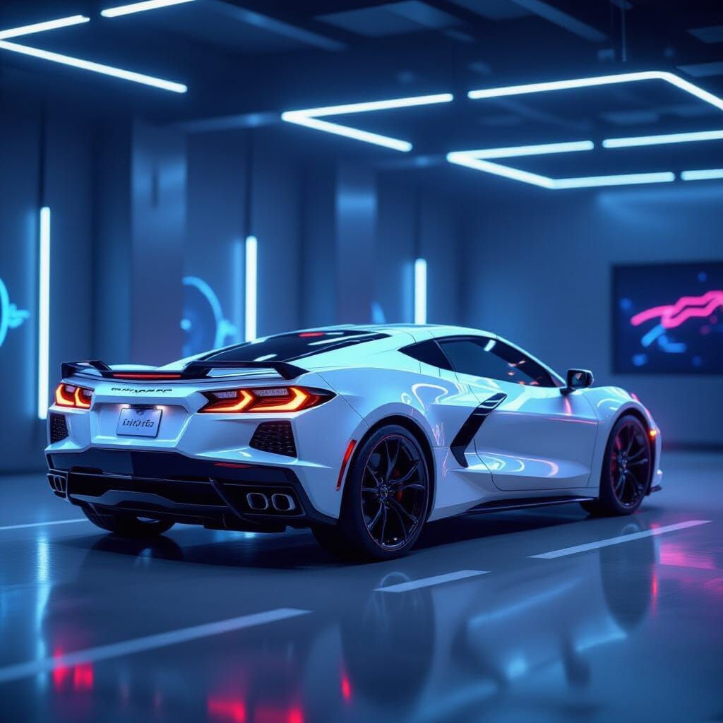 Sleek Corvette Stingray in Futuristic Showroom Lighting