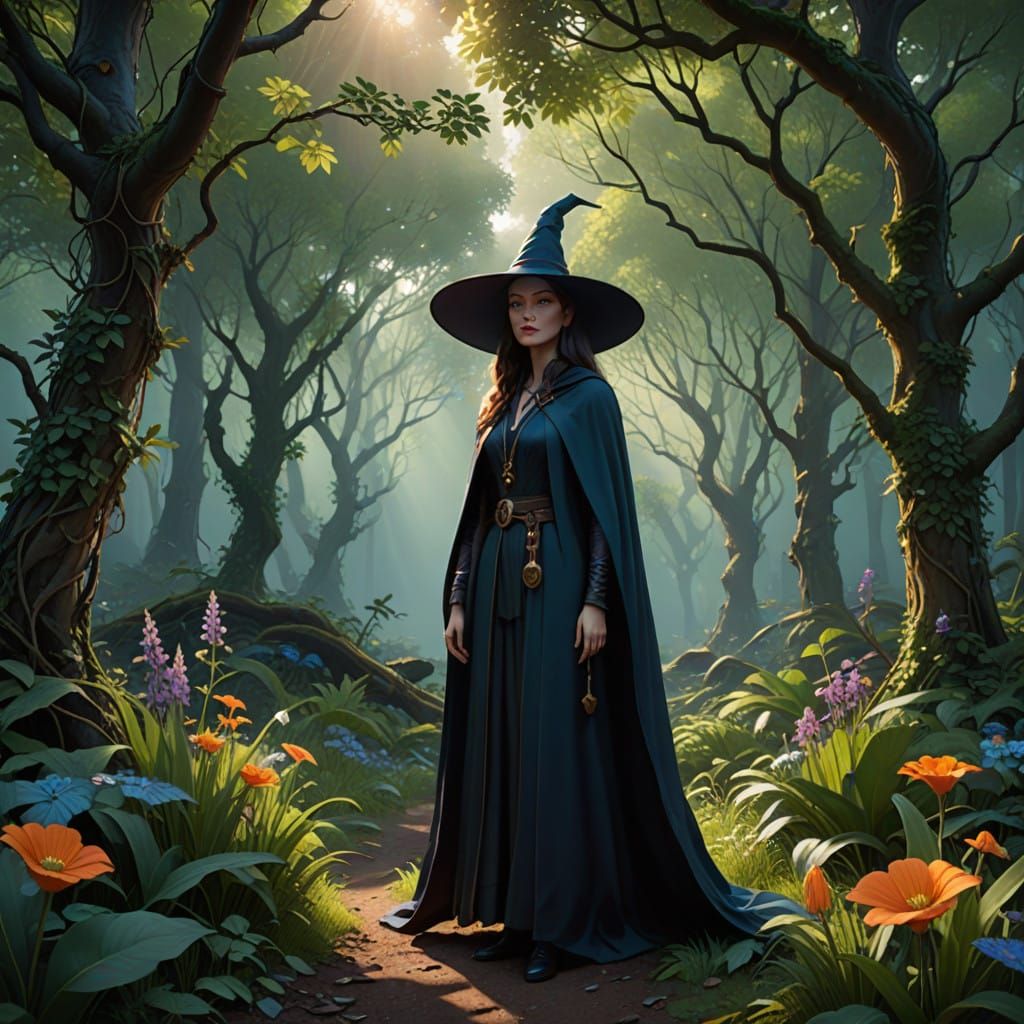 Mystical Witch Surrounded by Vibrant Forest in Dreamlike Lan...