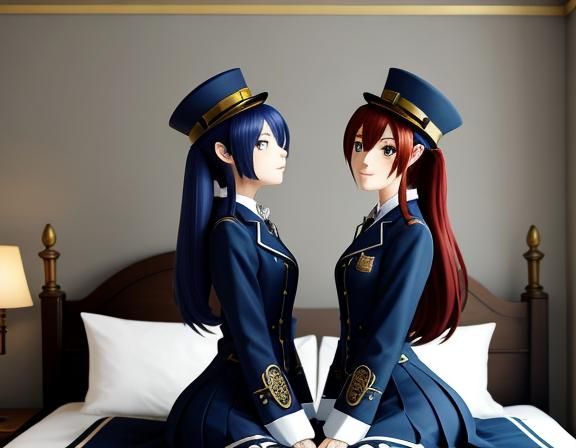 Steampunk Anime Twins Kissing in Bedroom