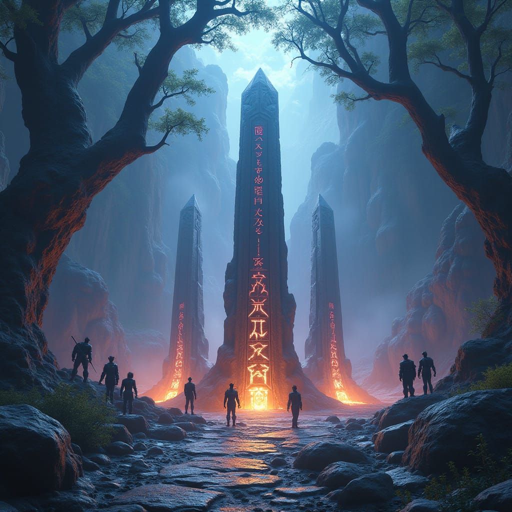 Ethereal Transformers Amid Ancient Runes in Fantasy Landscap...