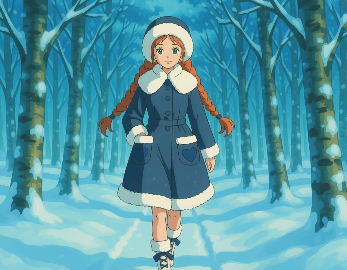 Anime Girl in Snowy Forest, Ghibli-esque Style