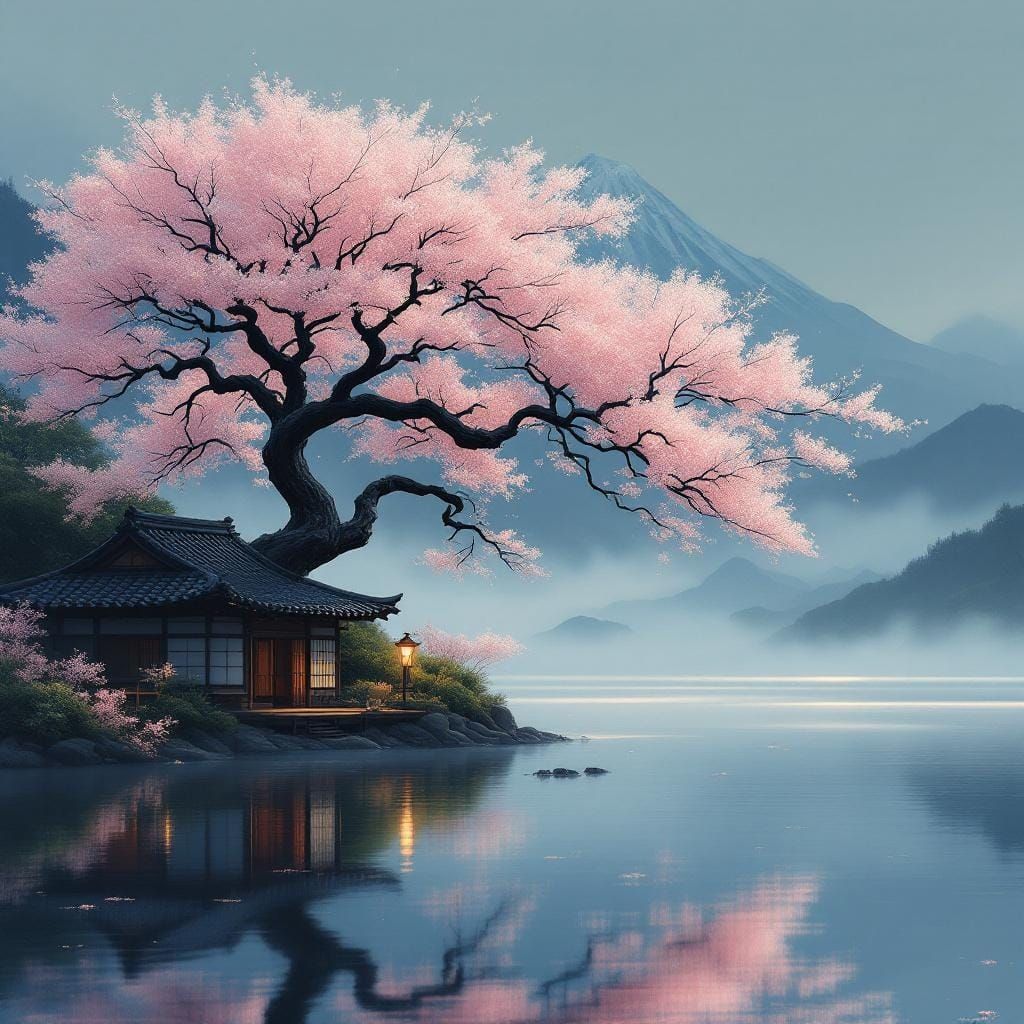 Japanese House and Cherry Blossoms in Sumi-e Style