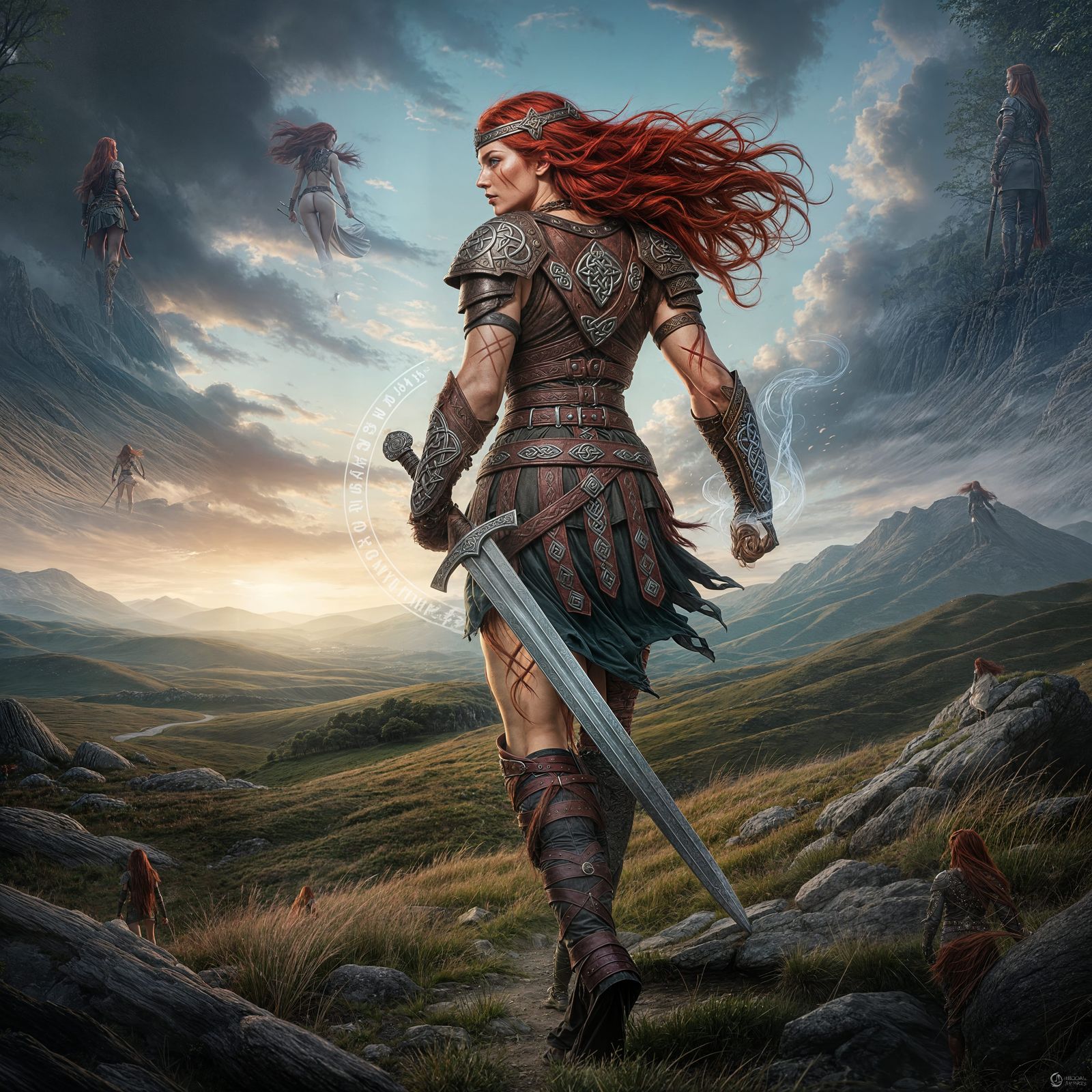Fierce Celtic Warrior Queen Walking Towards Horizon