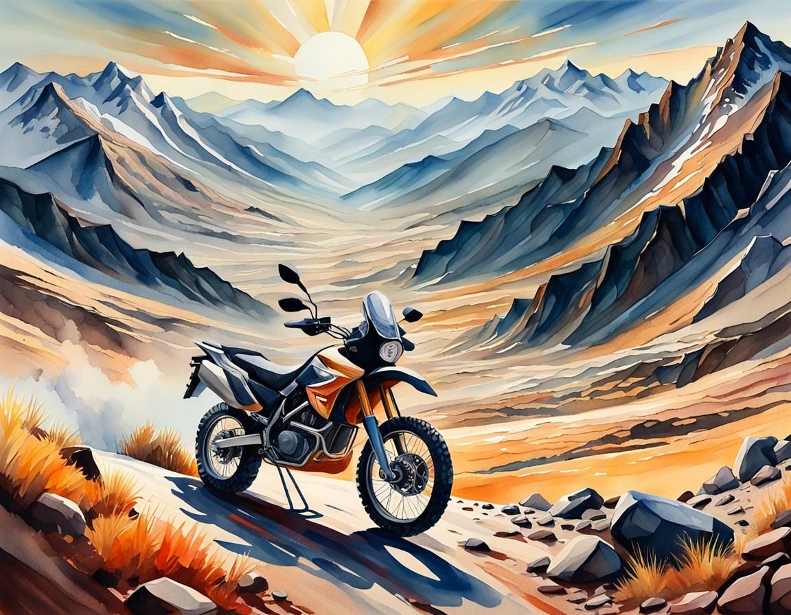 Enduro Motorbike in Watercolor Mountain Landscape