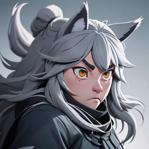 Grey-Haired Wolf Girl in Anime Manga Style