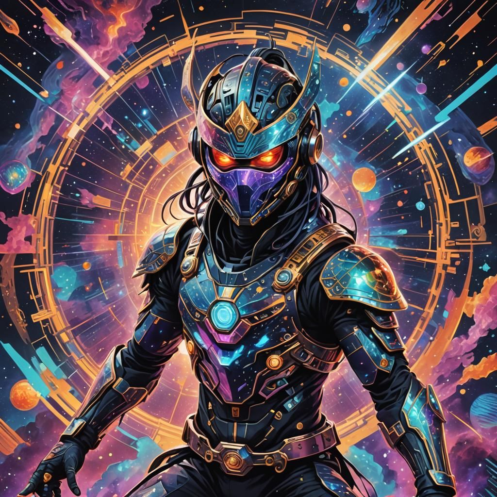 Cosmic Cyber Ninja in Mixed Media Style