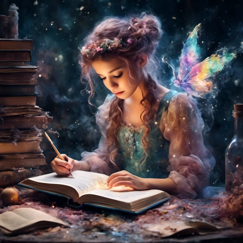 Fairy Girl Writing in Journal, Watercolor Fantasy Art