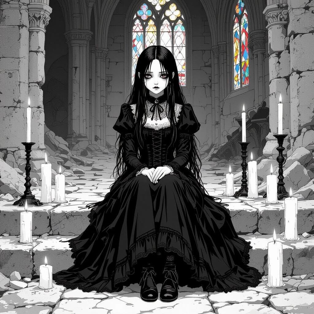 Gothic Girl in Ruined Cathedral, Manga Style