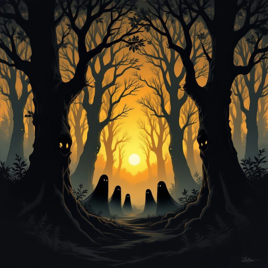 Dark Forest Ghosts at Sunset Illustration