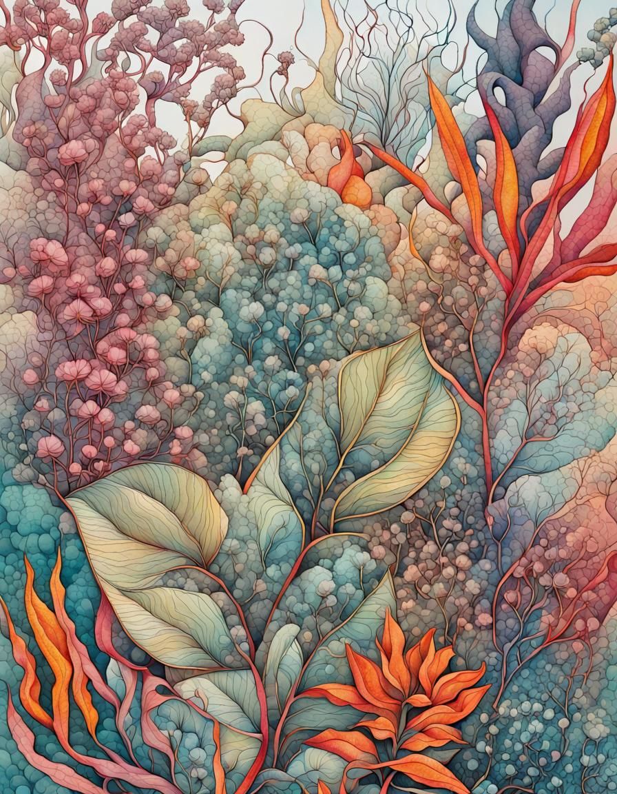 Vibrant Ink Botanical Art: Lush Dreamlike Environment