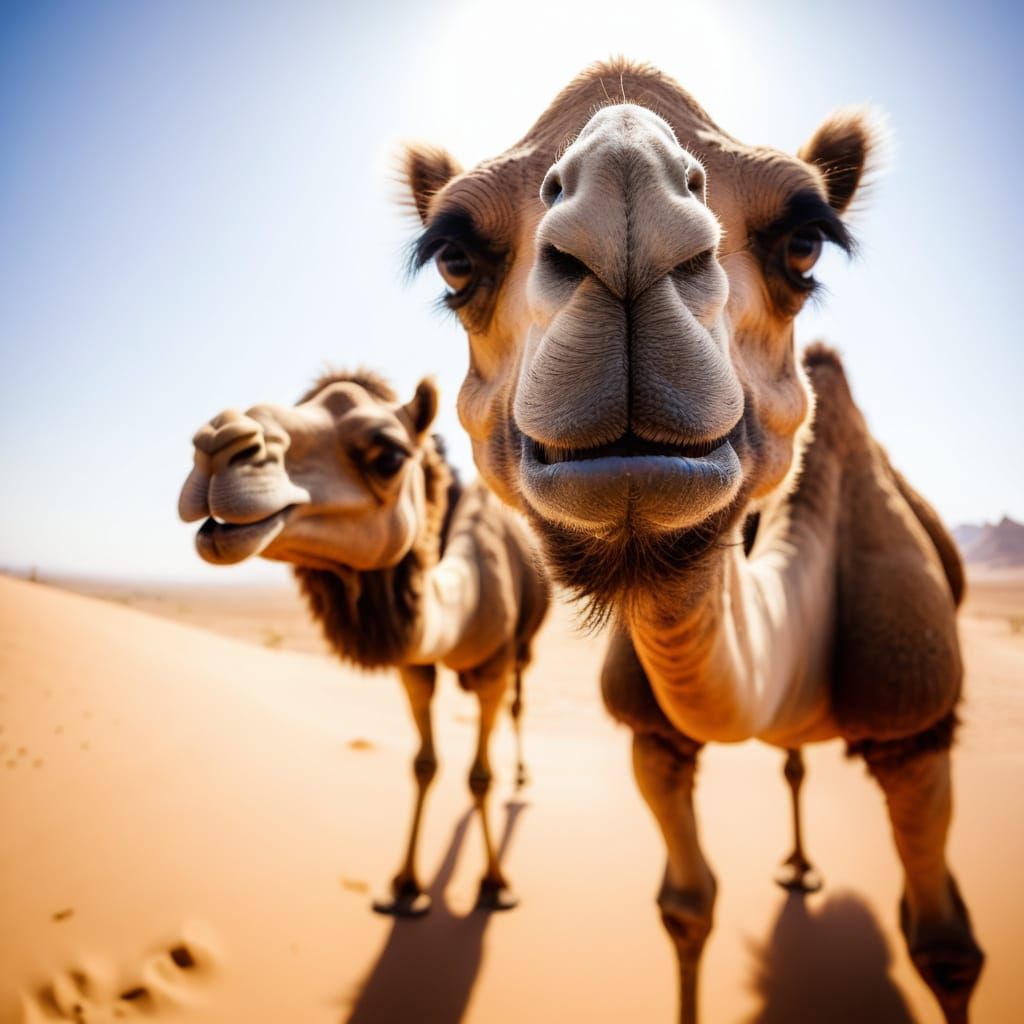 Silly Camel Photobomb in Desert Landscape