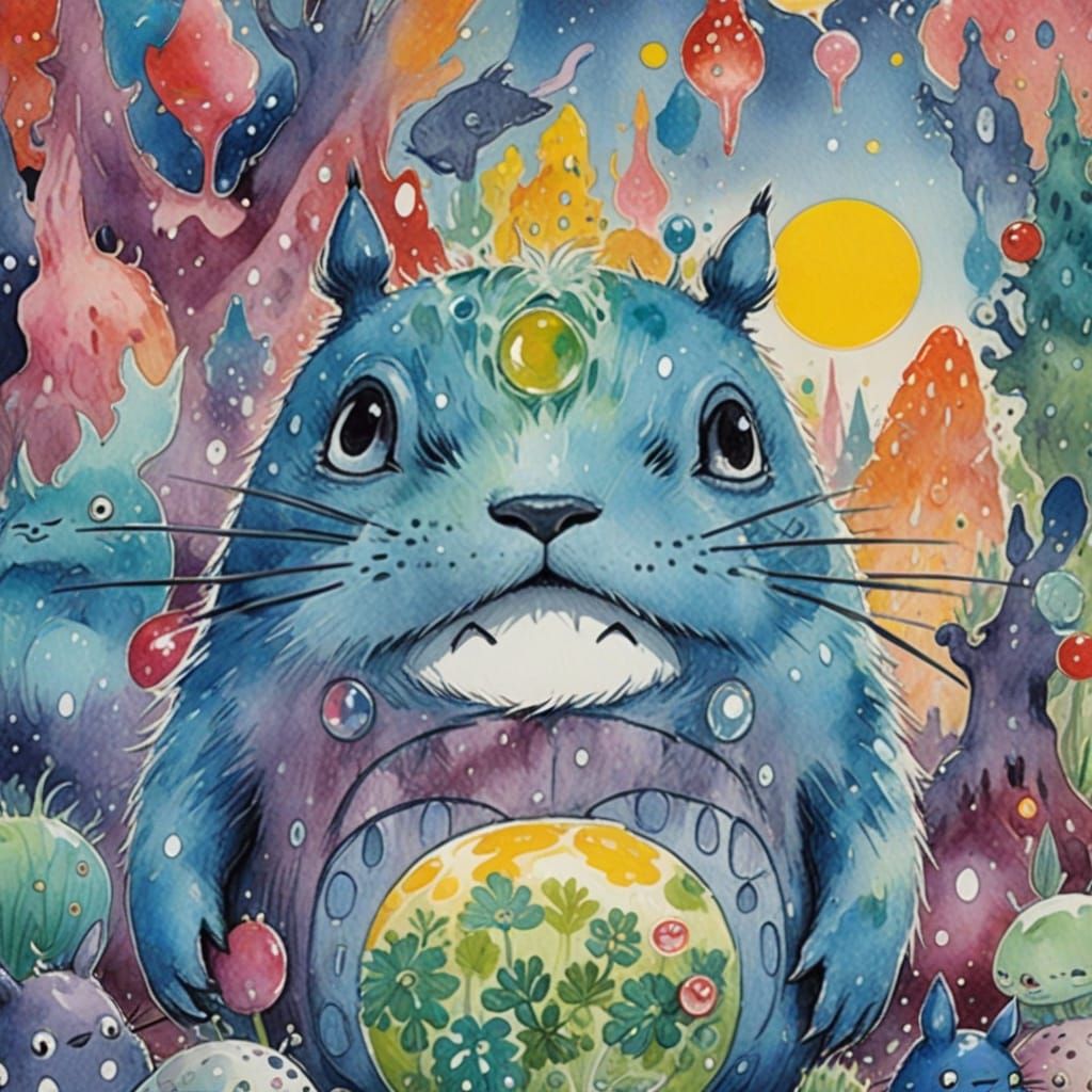 Futuristic Iridescent Totoro Mouse Pudding: Watercolor Illus...
