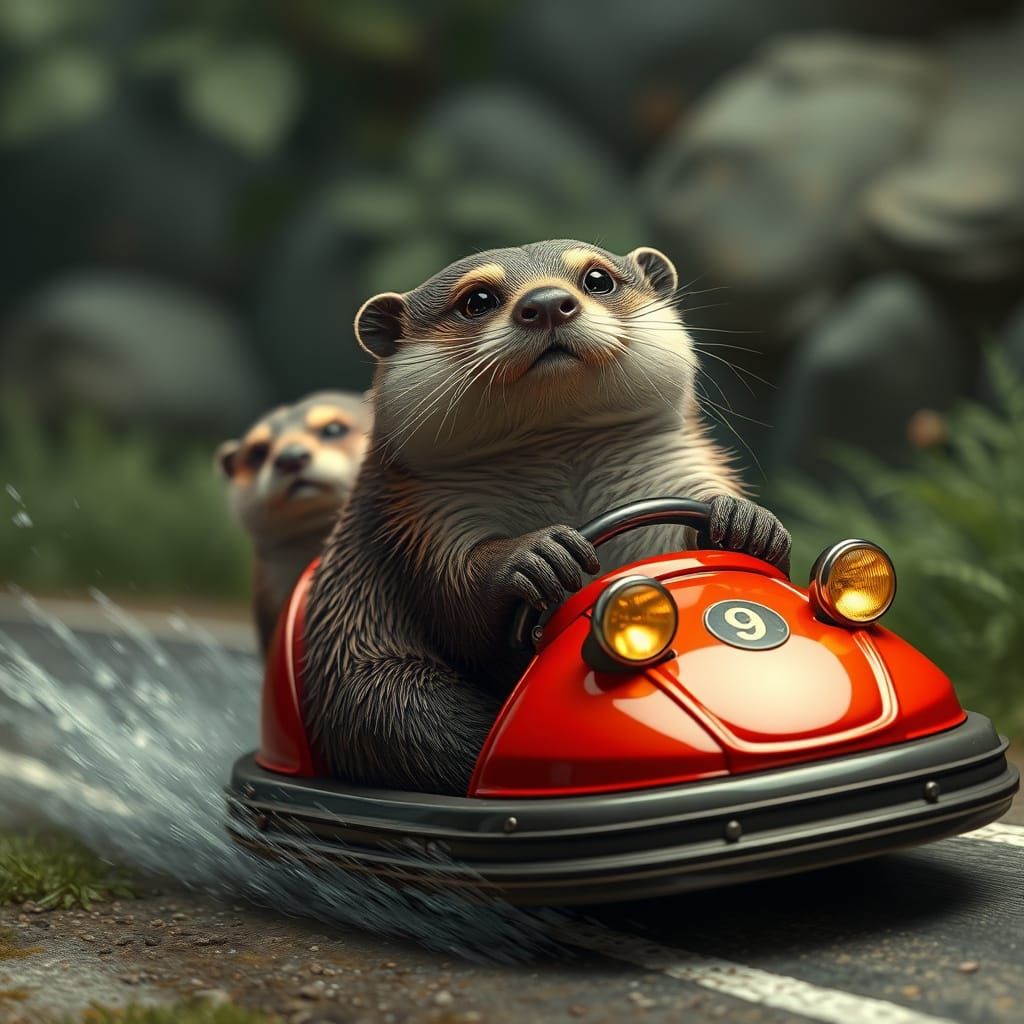 Hyperrealistic Otters Driving Bumper Cars