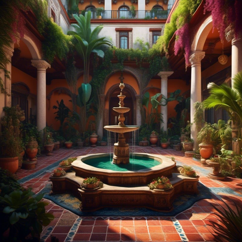 Mexican Villa Courtyard: Hyperrealistic Architectural Art