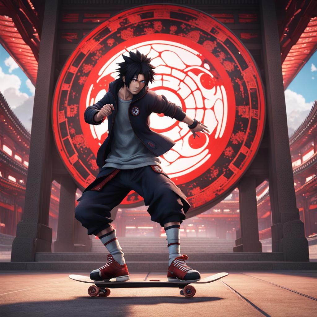 Sasuke Skateboarding with Sharingan, Matte Painting Style