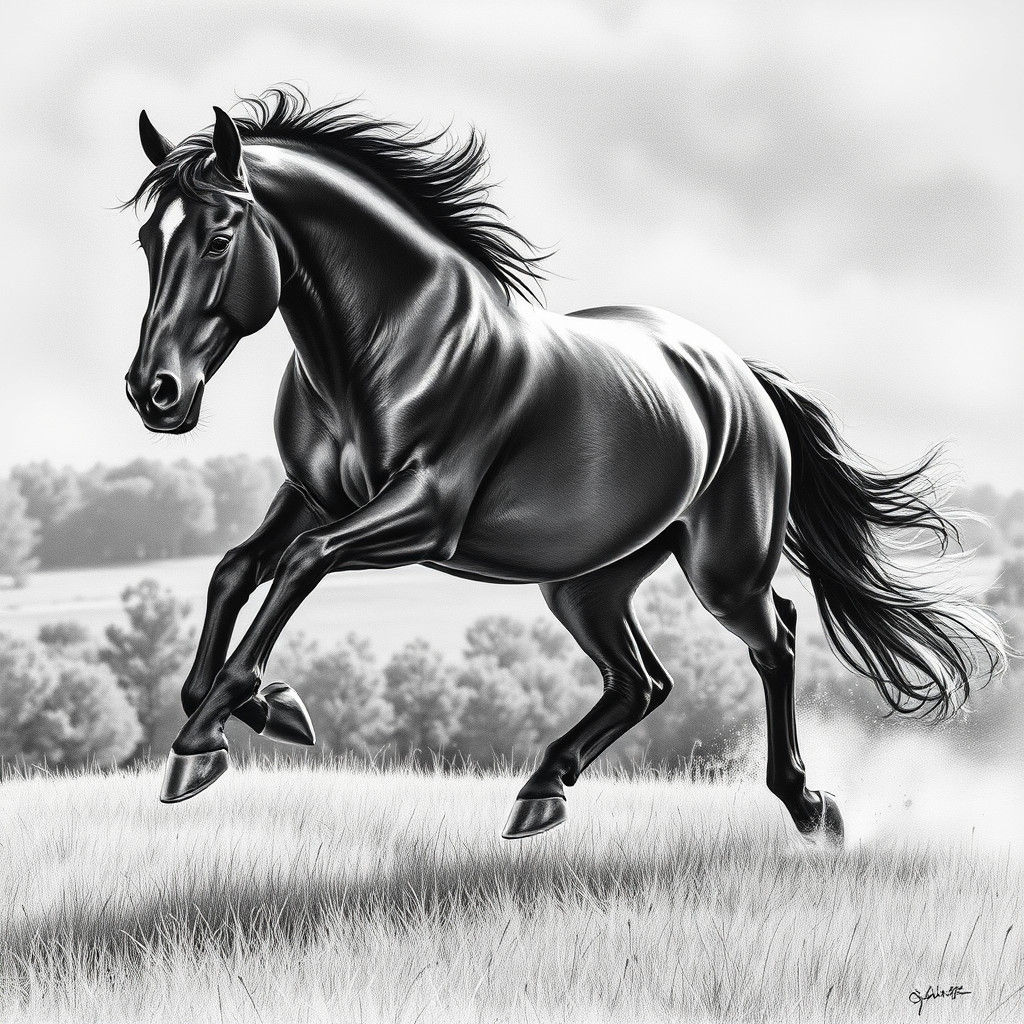 Majestic Horse Gallops Through Meadow: Charcoal Drawing