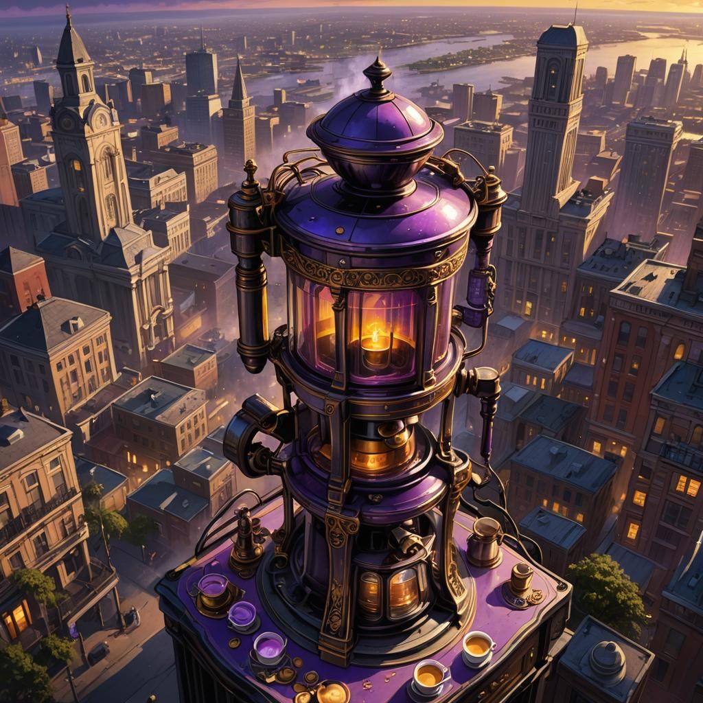 Giant Coffee Maker Over New Orleans, Dark Fantasy Art