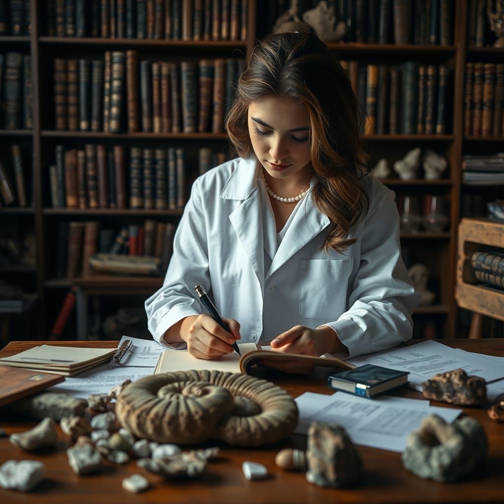 Geologist Examining Ammonite Fossil in Laboratory