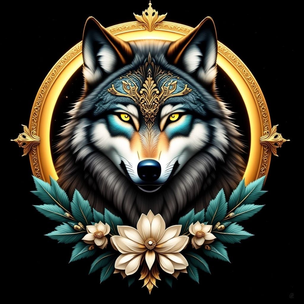 Majestic Wolf Portrait in Gold Orb, Art Nouveau