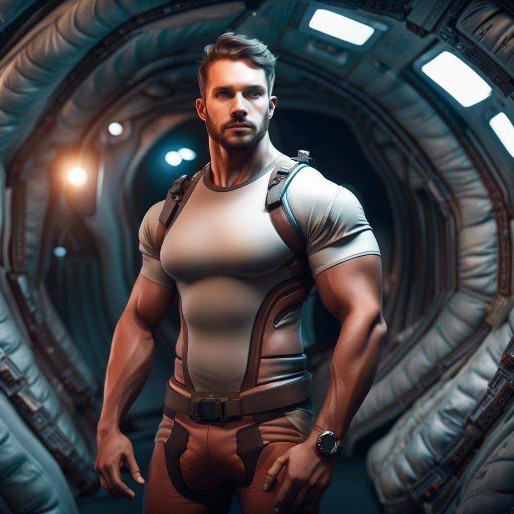 Muscular Bodybuilder Exploring Alien Planet in Spacesuit