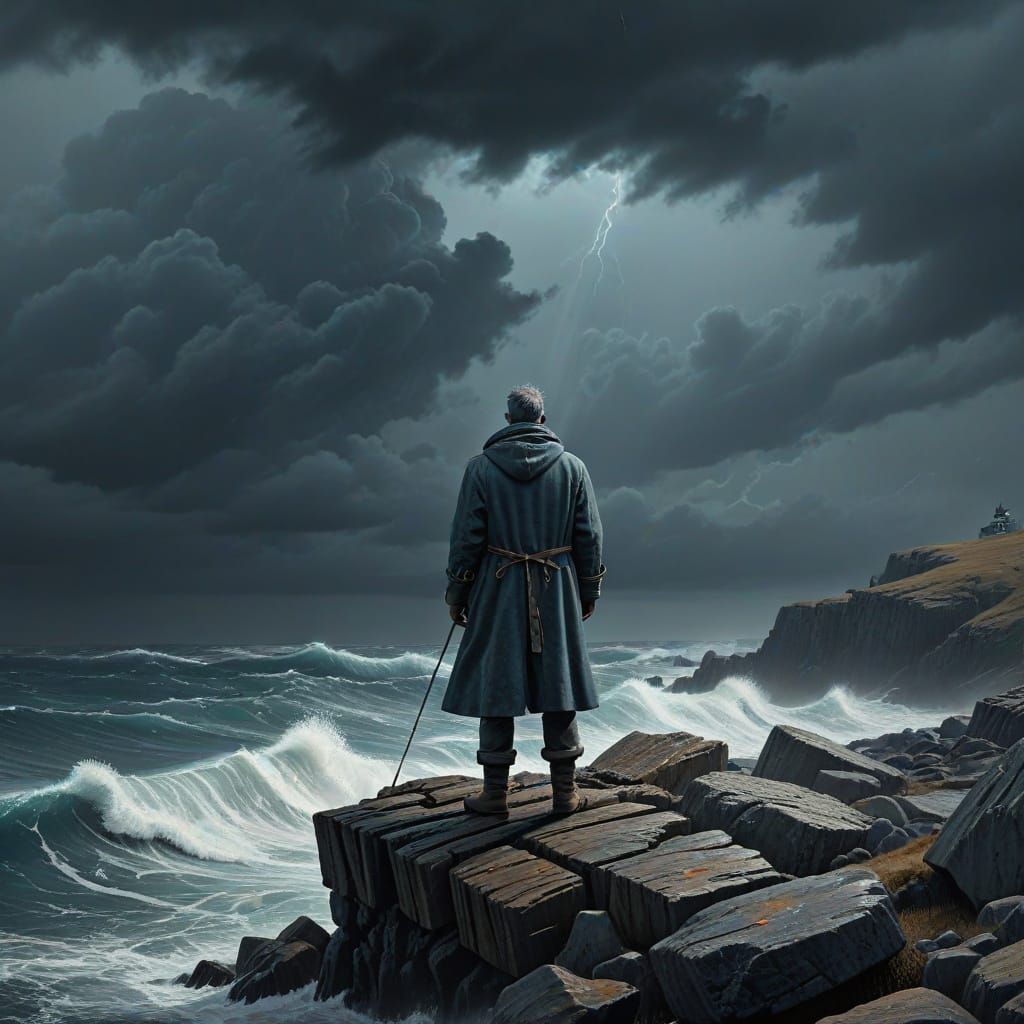Fisherman Gazes at Stormy Sea in Retro Illustration