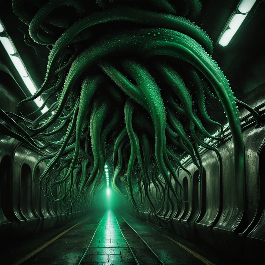 Eerie Biomechanical Horror in Subway Tunnel