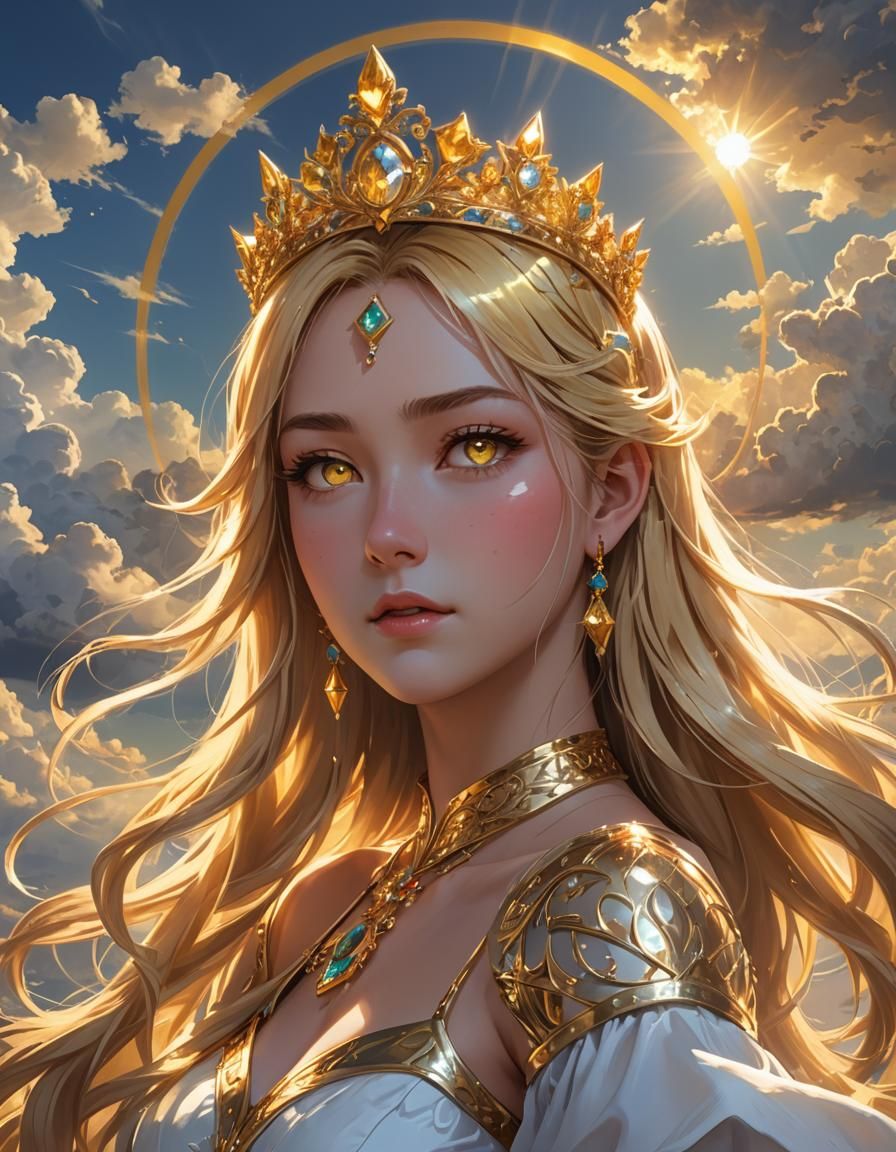 Sun Princess with Golden Hair and Tiara in Anime Style