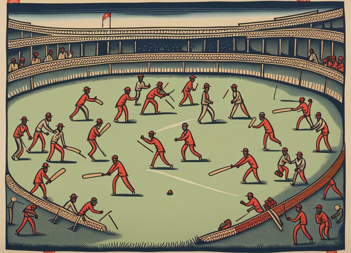 Cricket Match in Woodblock Print Style