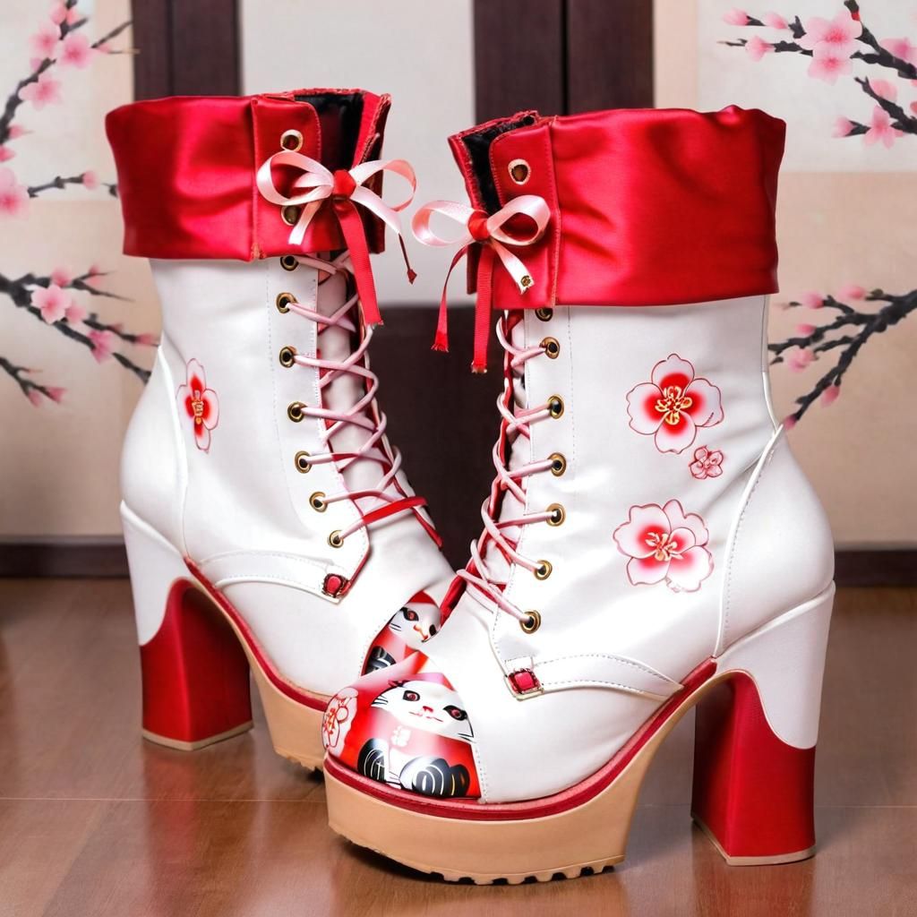 a pair of Women's round toe platform ankle boots 15.24cm heels red silk ribbon lace up front side zip white PU leather w...